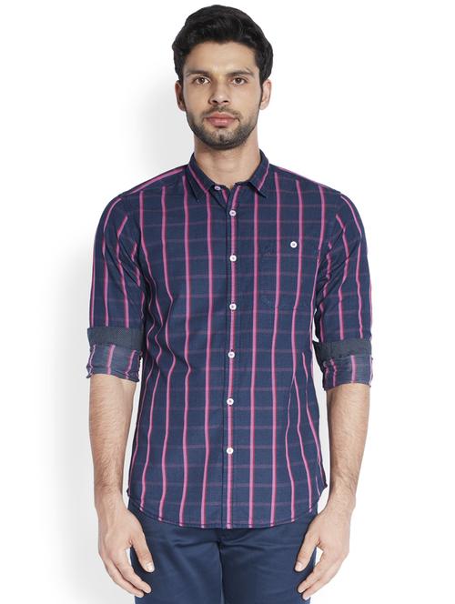 navy blue checkered casual shirt - 18077777 - Very Small Image - 1