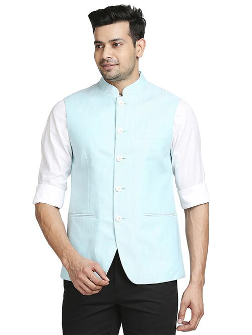 light blue solid nehru jacket - 18078130 - Very Small Image - 1