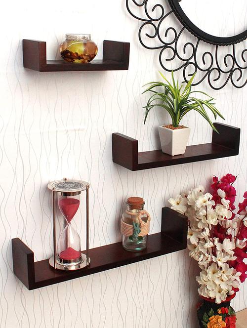 home sparkle mdf wall shelves 3 set decorative wall mounted shelves for living room, bedroom (brown) - 18078252 - Very Small Image - 1
