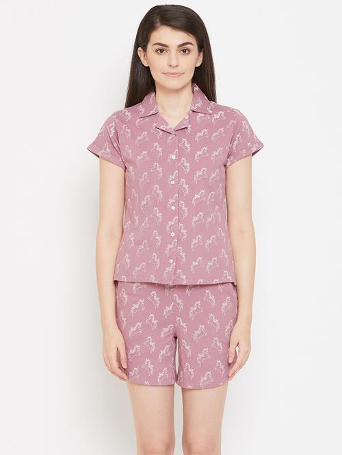 shirt collar printed nightwear shorts set - 18080310 - Very Small Image - 1