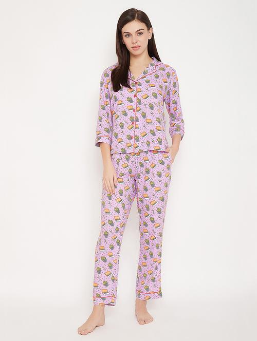 shirt collar printed pajama set - 18080337 - Very Small Image - 1