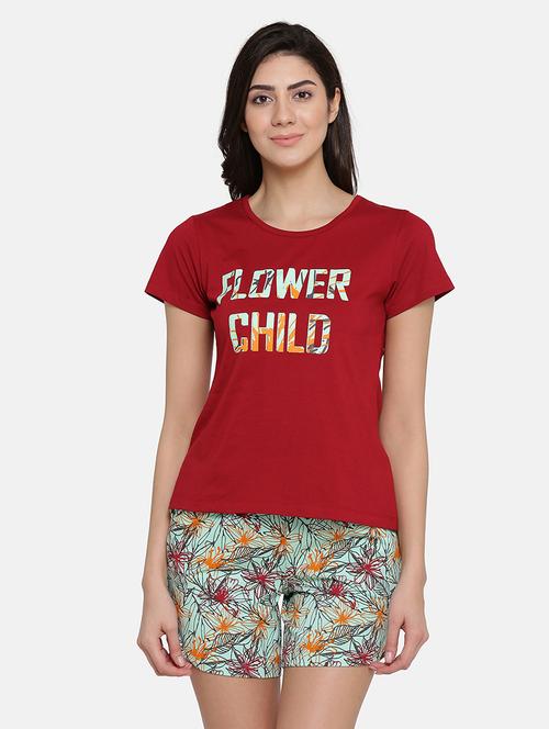 round neck printed nightwear shorts set - 18080373 - Very Small Image - 1