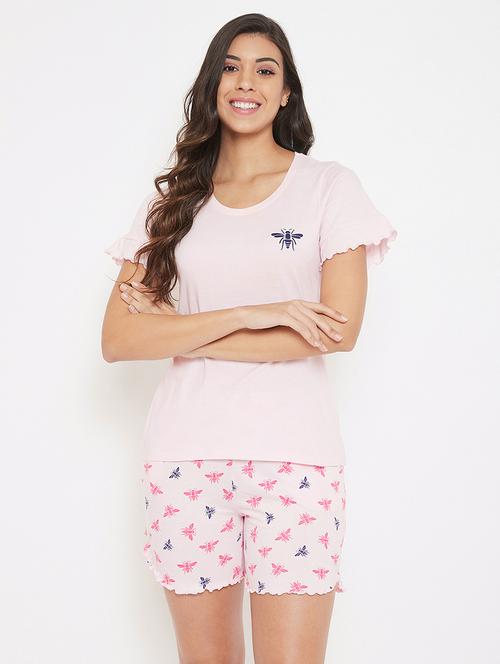 round neck printed nightwear shorts set - 18080375 - Very Small Image - 1