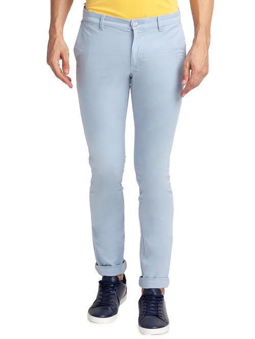 blue cotton blend flat front casual trousers - 18080486 - Very Small Image - 1