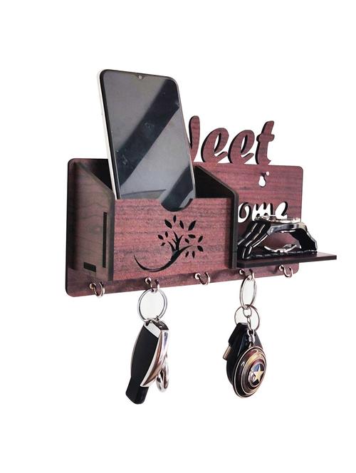 home sparkle sweet home pocket shelf wooden key holder for office, home, living room with 5 key hooks (brown) - 18080937 - Very Small Image - 1