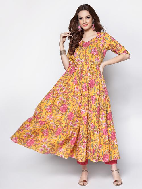 yellow cotton anarkali kurta - 18081063 - Very Small Image - 1
