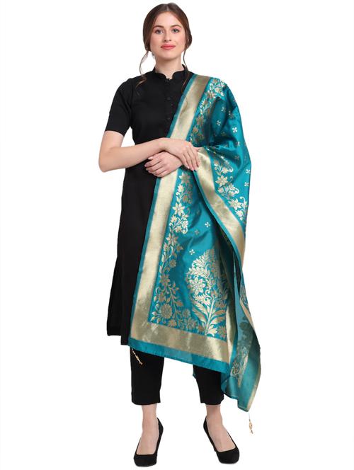 turquoise self designed chanderi dupatta - 18082697 - Very Small Image - 1
