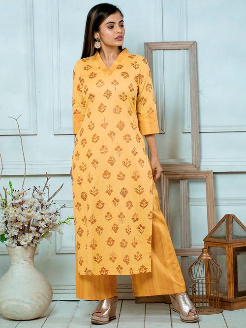 yellow cotton straight kurta - 18106091 - Very Small Image - 1