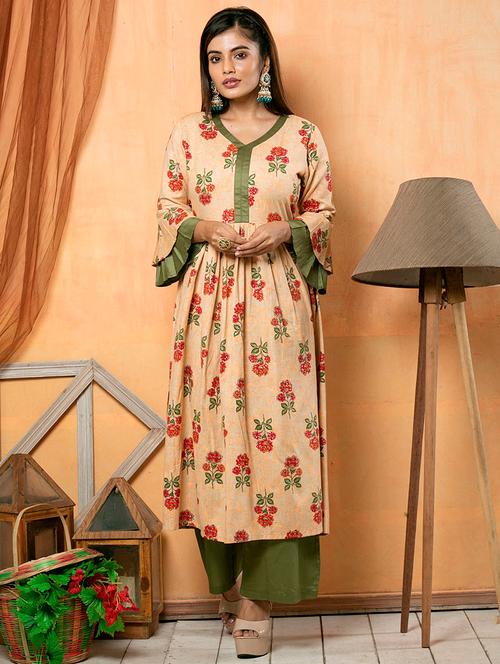 beige cotton aline kurta - 18106095 - Very Small Image - 1