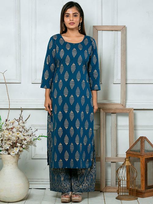 blue cotton straight kurta - 18106097 - Very Small Image - 1