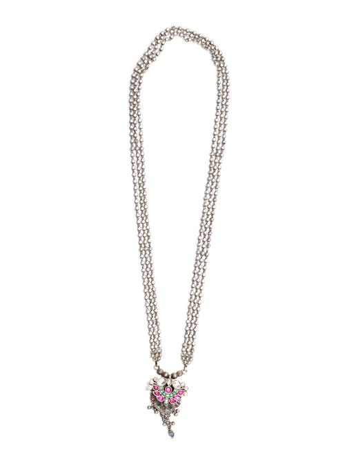 handcrafted silver necklace with kundan, emerald and pink stone color - 18107616 - Very Small Image - 1