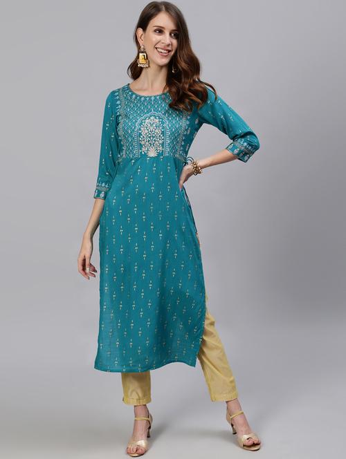 teal viscose straight kurta - 18108777 - Very Small Image - 1