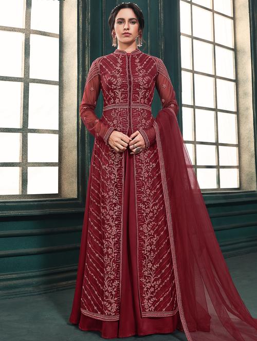 maroon net semistitched suit - 18109210 - Very Small Image - 1