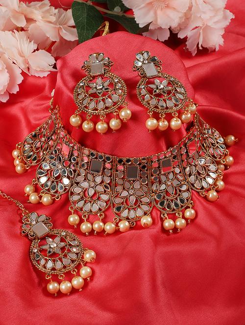 gold-plated white coloured stone-studded & cream pearl beaded handcrafted jewellery set - 18109368 - Very Small Image - 1