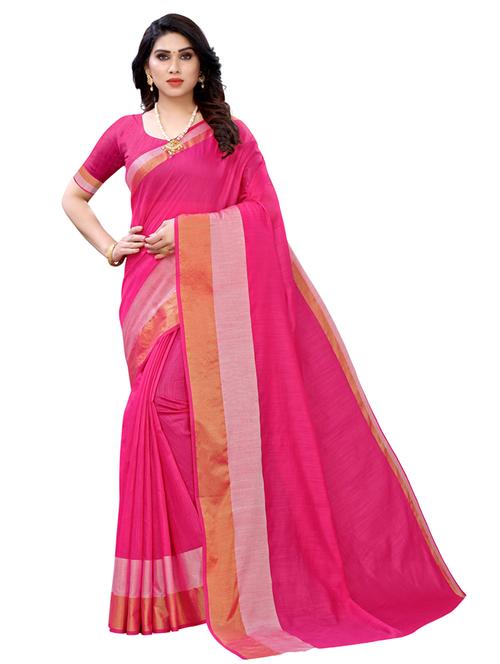 pink cotton blend saree with blouse - 18109633 - Very Small Image - 1