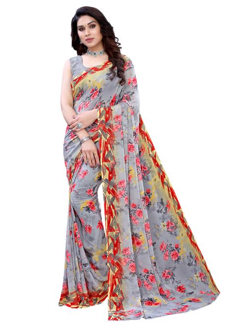 grey georgette printed saree with blouse - 18109636 - Very Small Image - 1