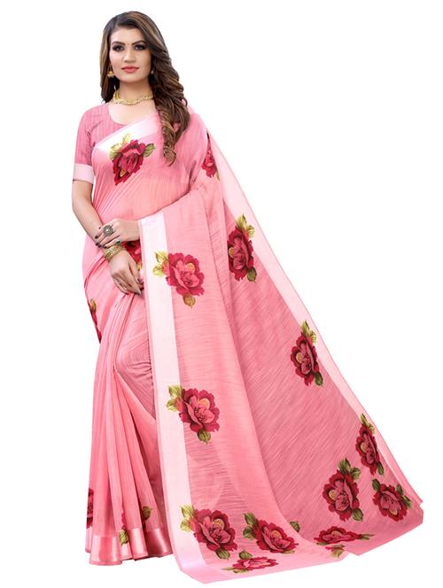 pink cotton blend printed saree with blouse - 18109639 - Very Small Image - 1