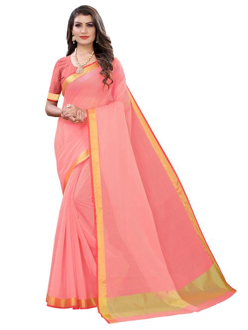 pink cotton blend saree with blouse - 18109658 - Very Small Image - 1