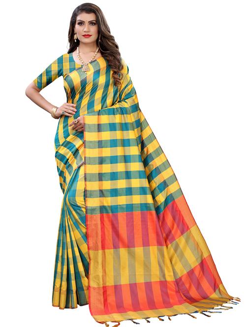 yellow silk blend saree with blouse - 18109669 - Very Small Image - 1