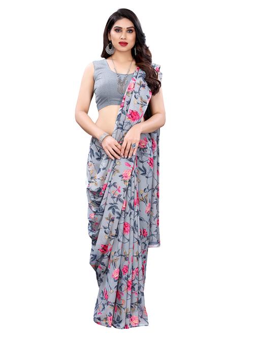 grey georgette printed saree with blouse - 18109691 - Very Small Image - 1