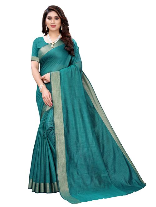 green cotton blend saree with blouse - 18109697 - Very Small Image - 1