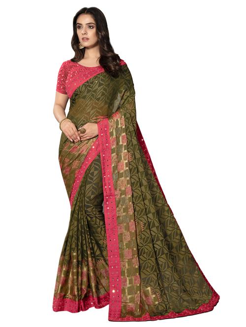 olive. silk blend embroidered saree with blouse - 18109727 - Very Small Image - 1