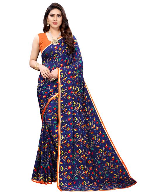 navy georgette printed saree with blouse - 18109739 - Very Small Image - 1