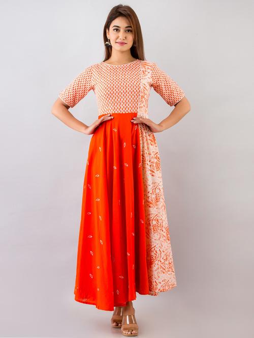 orange printed flared ethnic dress - 18111211 - Very Small Image - 1
