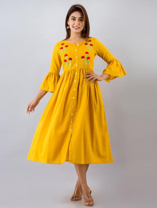 yellow solid flared ethnic dress - 18111216 - Very Small Image - 1
