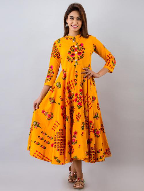 yellow printed flared ethnic dress - 18111217 - Very Small Image - 1