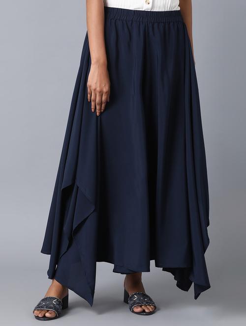 navy blue solid flared asymmetric palazzo - 18111853 - Very Small Image - 1