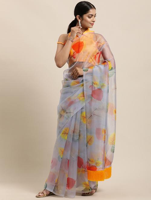 grey organza printed saree - 18112407 - Very Small Image - 1