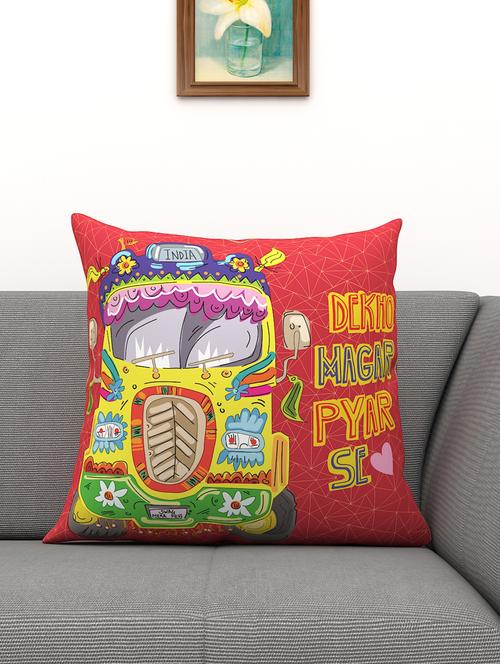 athom living funky indian truck printed cushion cover red 40x40 cm (pack of 1) - 18113603 - Very Small Image - 1