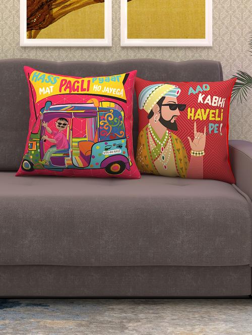 athom living hass mat pagali & aao kabhi haveli pe! printed cushion cover red 40x40 cm (pack of 2) - 18113607 - Very Small Image - 1