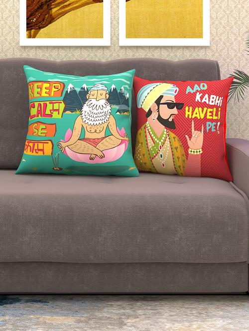 athom living keep calm se calm & aao kabhi haveli pe! printed cushion cover green 40x40 cm (pack of 2) - 18113616 - Very Small Image - 1
