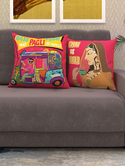 athom living hass mat pagali & chai pe chugli printed cushion cover with cushion insert red 40x40 cm (pack of 2) - 18113644 - Very Small Image - 1