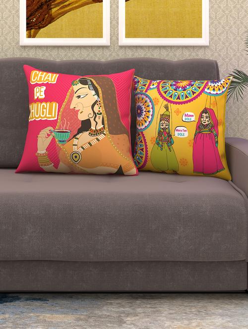 athom living chai pe chugli & puppet printed cushion cover with cushion insert red 40x40 cm (pack of 2) - 18113648 - Very Small Image - 1