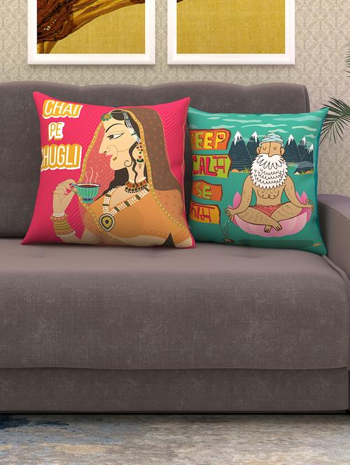 athom living chai pe chugli & keep calm se calm printed cushion cover with cushion insert red 40x40 cm (pack of 2) - 18113649 - Very Small Image - 1