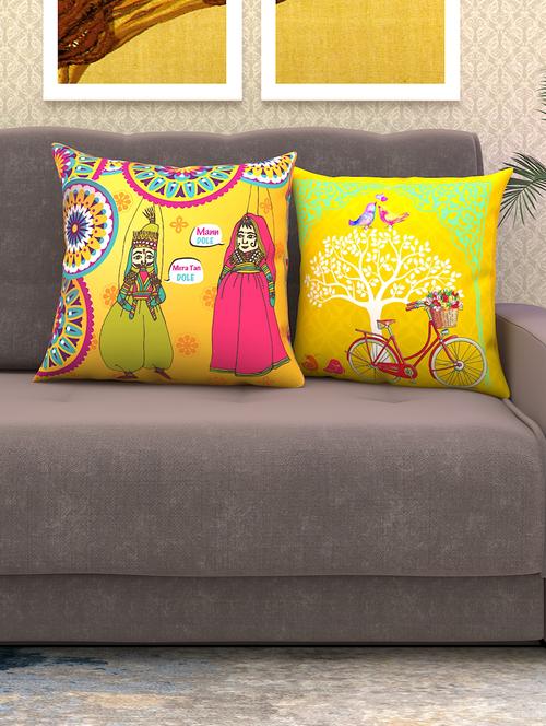 athom living puppet & living love printed cushion cover with cushion insert yellow 40x40 cm (pack of 2) - 18113654 - Very Small Image - 1