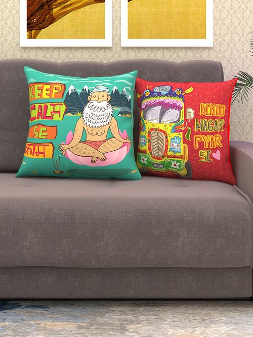 athom living keep calm se calm & funky indian truck printed cushion cover with cushion insert green 40x40 cm (pack of 2) - 18113656 - Very Small Image - 1