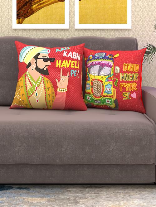 athom living aao kabhi haveli pe! & funky indian truck printed cushion cover with cushion insert red 40x40 cm (pack of 2) - 18113657 - Very Small Image - 1