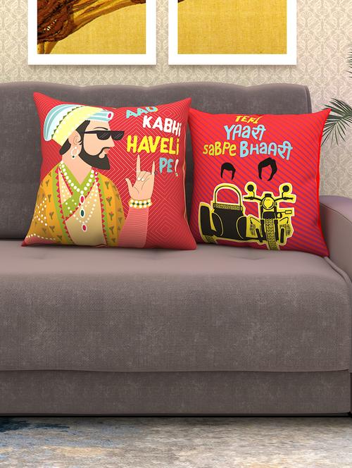 athom living aao kabhi haveli pe! & teri yaari sabpe bhaari printed cushion cover with cushion insert red 40x40 cm (pack of 2) - 18113658 - Very Small Image - 1