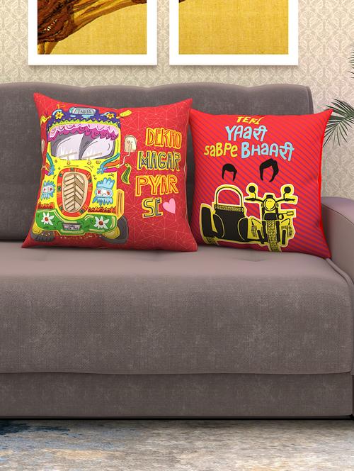 athom living funky indian truck & teri yaari sabpe bhaari printed cushion cover with cushion insert red 40x40 cm (pack of 2) - 18113659 - Very Small Image - 1