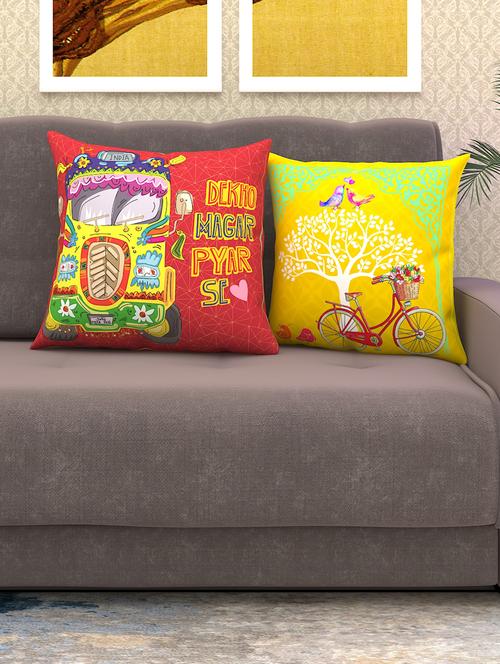 athom living funky indian truck & love bird printed cushion cover with cushion insert red 40x40 cm (pack of 2) - 18113660 - Very Small Image - 1