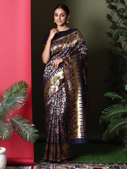 navy blue banarasi saree with blouse - 18113861 - Very Small Image - 1