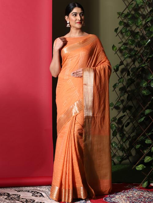 orange art silk banarasi saree with blouse - 18113878 - Very Small Image - 1