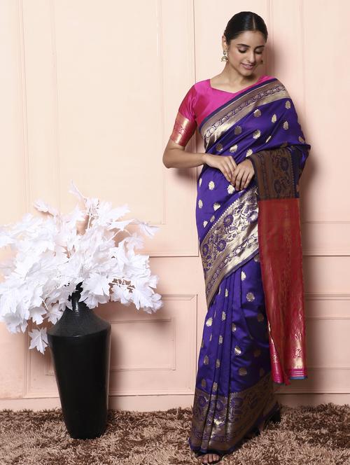 ethnic motifs banarasi saree with blouse - 18113890 - Very Small Image - 1
