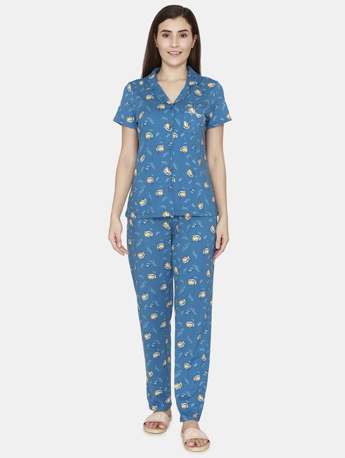 shirt collar printed nightwear pajama set - 18114229 - Very Small Image - 1