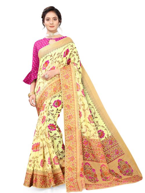 yellow cotton printed saree with blouse - 18114271 - Very Small Image - 1