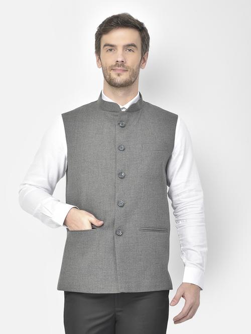 grey polyester blend nehru jacket - 18117681 - Very Small Image - 1